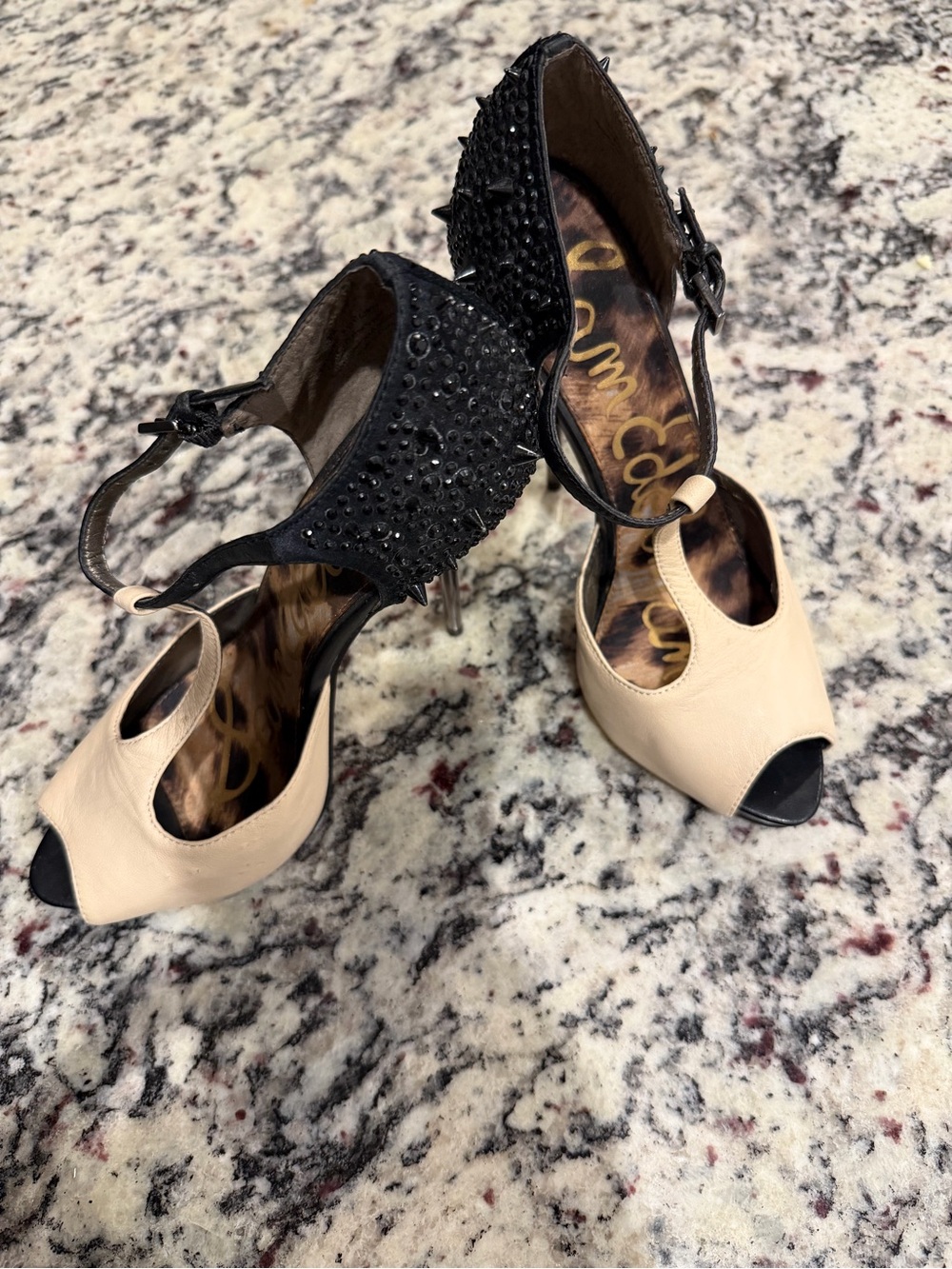 Sam Edelman Scarlett Two-Tone Peep Toe Heels with Studded Black Ankle